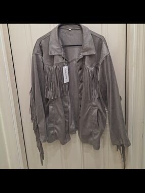Gray Suede Fringe Jacket - Women